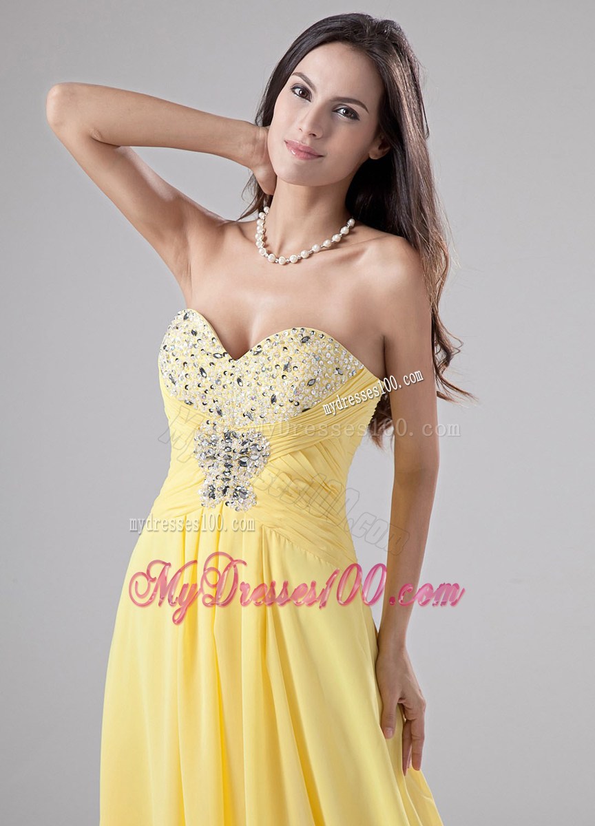 Yellow Sweetheart Beading Brush Sweep Prom Dress with Empire