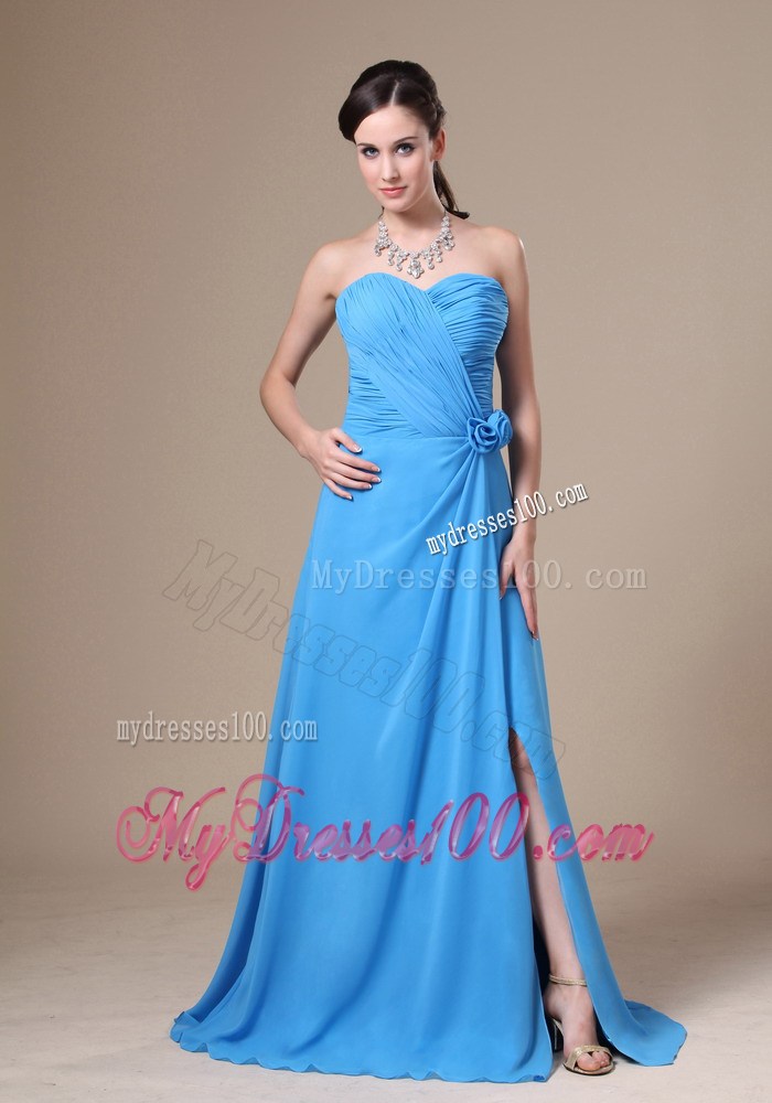 Teal High Slit Sweetheart Ruche and Flowers Decorate Prom Dress