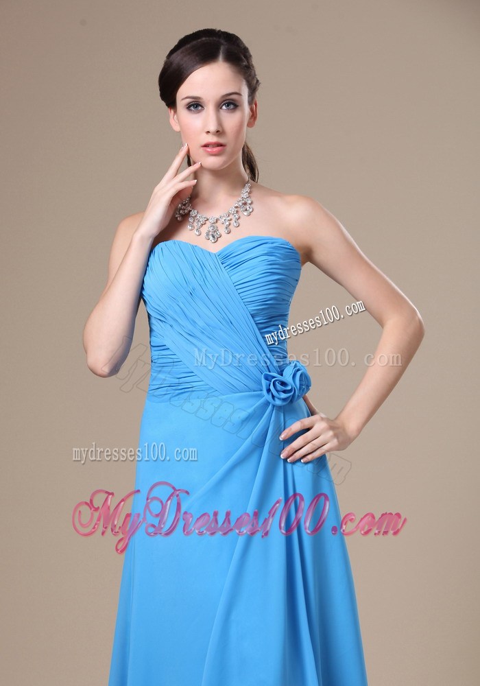Teal High Slit Sweetheart Ruche and Flowers Decorate Prom Dress