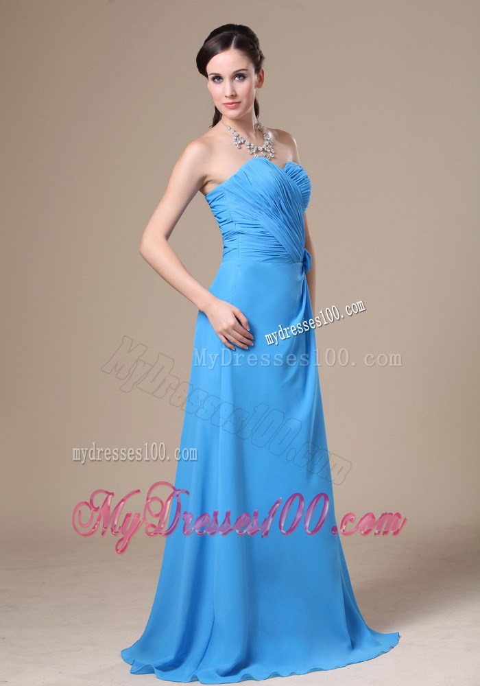 Teal High Slit Sweetheart Ruche and Flowers Decorate Prom Dress