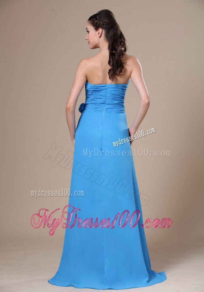 Teal High Slit Sweetheart Ruche and Flowers Decorate Prom Dress