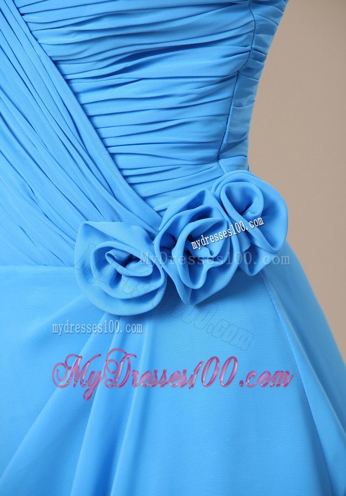 Teal High Slit Sweetheart Ruche and Flowers Decorate Prom Dress