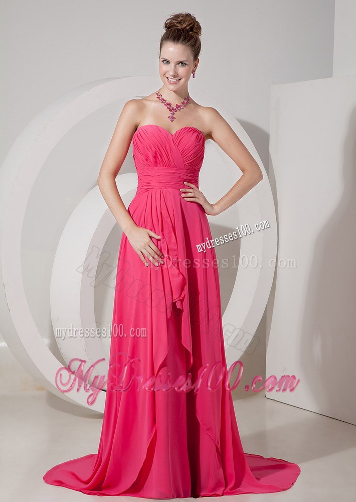 Cheap Empire Brush Train Sweetheart Prom Dress in Coral Red
