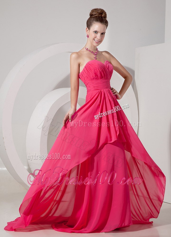 Cheap Empire Brush Train Sweetheart Prom Dress in Coral Red