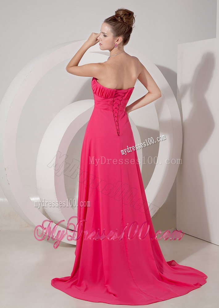 Cheap Empire Brush Train Sweetheart Prom Dress in Coral Red