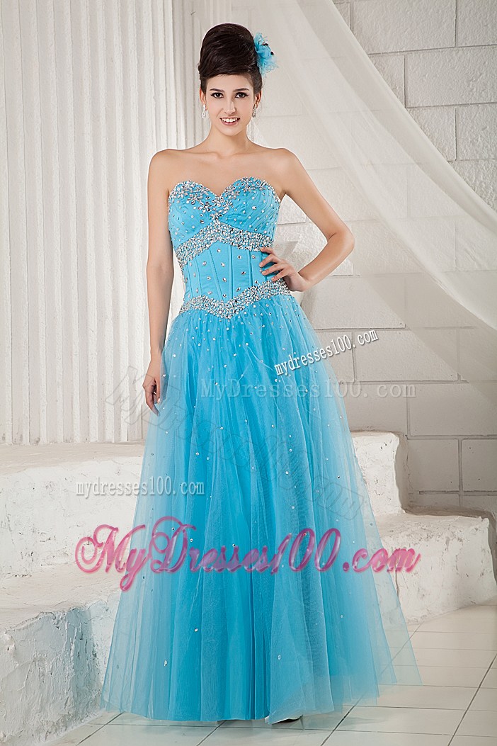 Popular Sweetheart Long Beaded Decorate Prom Dress in Aqua Blue