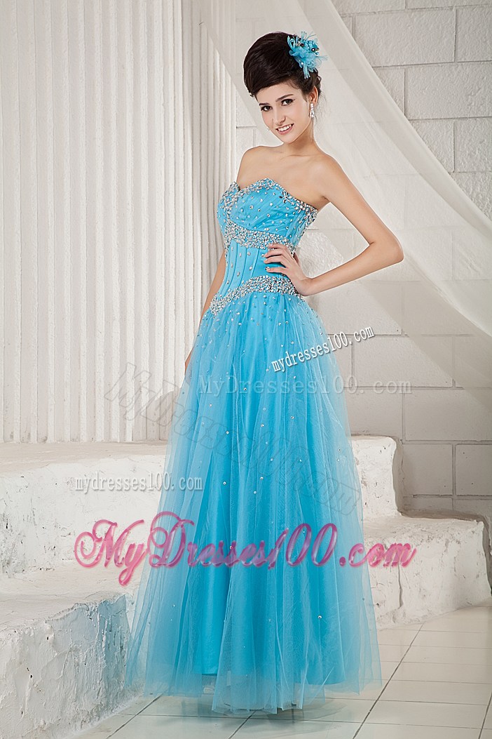 Popular Sweetheart Long Beaded Decorate Prom Dress in Aqua Blue
