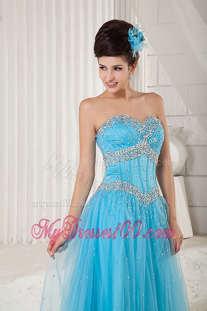 Popular Sweetheart Long Beaded Decorate Prom Dress in Aqua Blue
