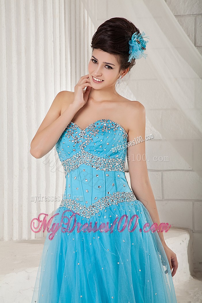 Popular Sweetheart Long Beaded Decorate Prom Dress in Aqua Blue
