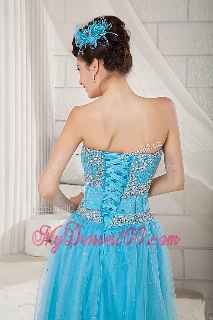 Popular Sweetheart Long Beaded Decorate Prom Dress in Aqua Blue