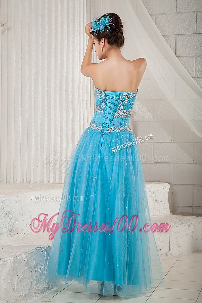 Popular Sweetheart Long Beaded Decorate Prom Dress in Aqua Blue