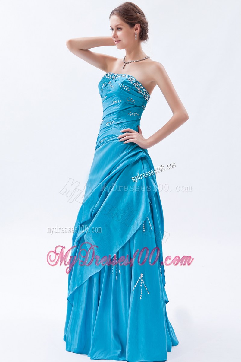 Elegant Teal Strapless Beading Long Prom Dress for 2013 Spring