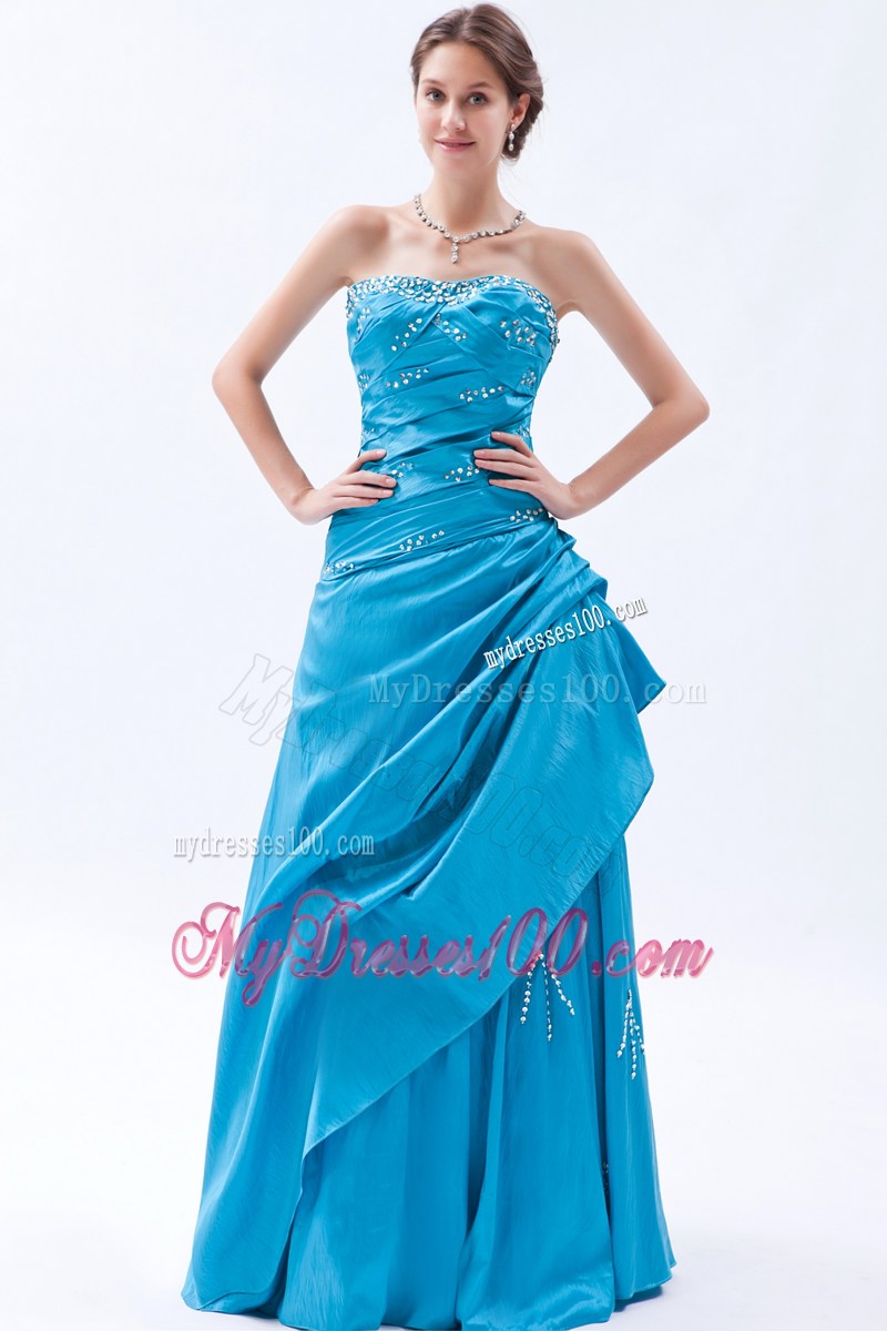 Elegant Teal Strapless Beading Long Prom Dress for 2013 Spring