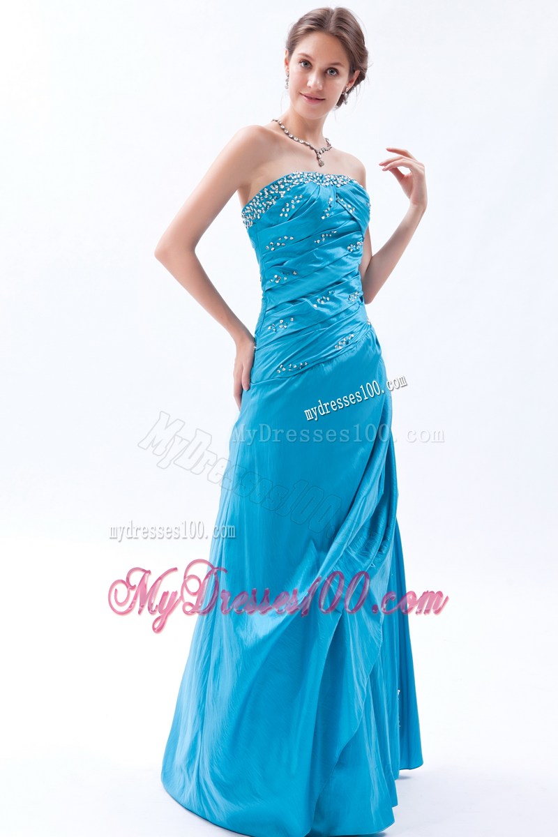 Elegant Teal Strapless Beading Long Prom Dress for 2013 Spring