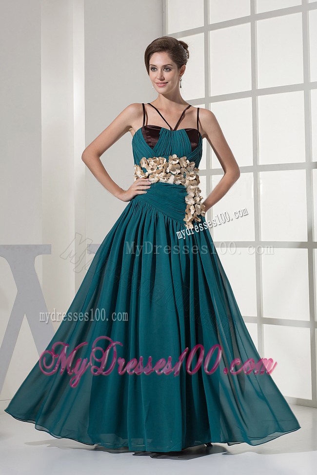 Teal Prom Dress With Hand Made Flowers and Straps