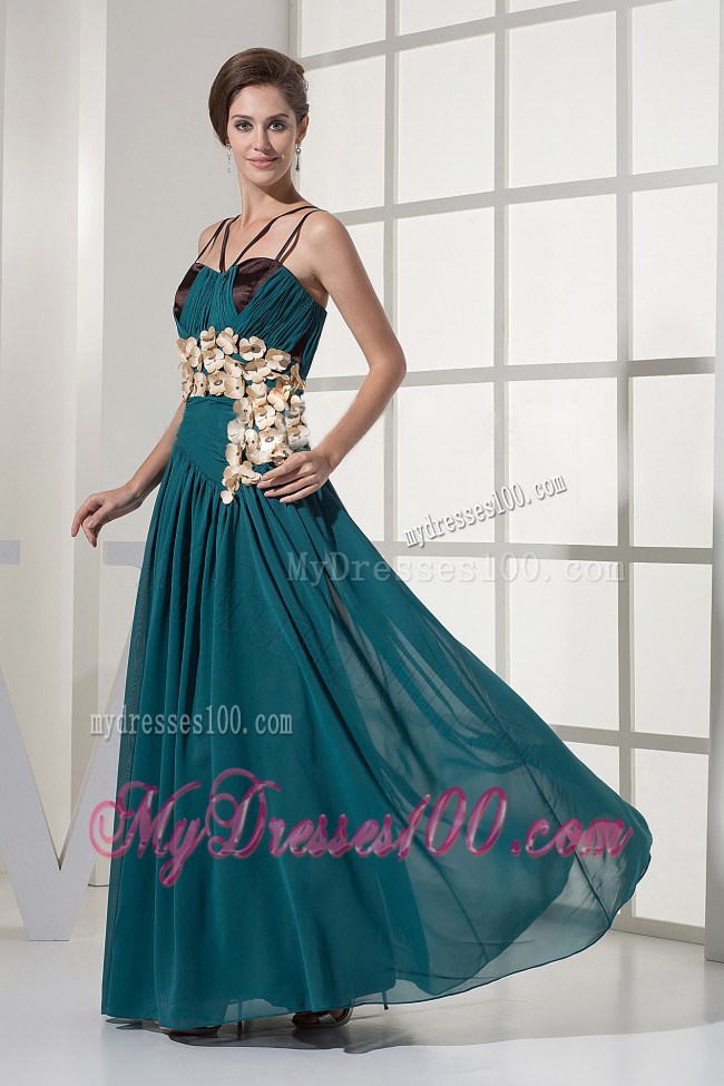 Teal Prom Dress With Hand Made Flowers and Straps