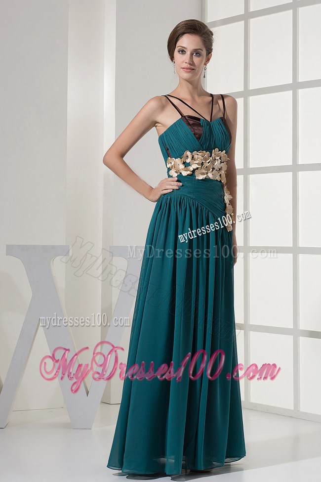 Teal Prom Dress With Hand Made Flowers and Straps