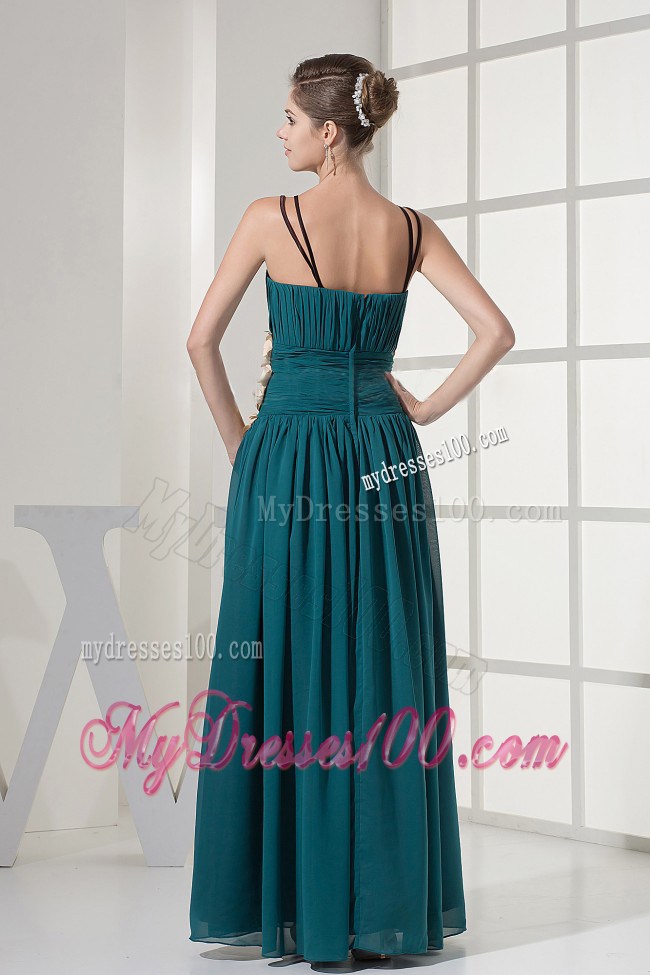 Teal Prom Dress With Hand Made Flowers and Straps