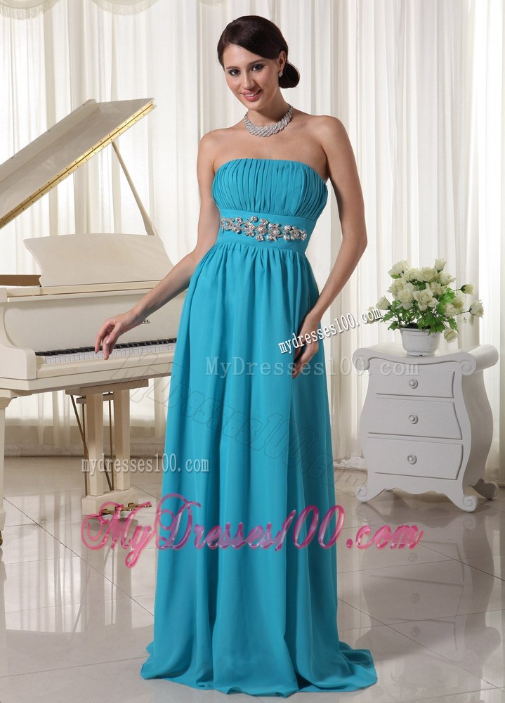 Beaded Decorate Waist Ruched Teal Prom Dress With Brush Train