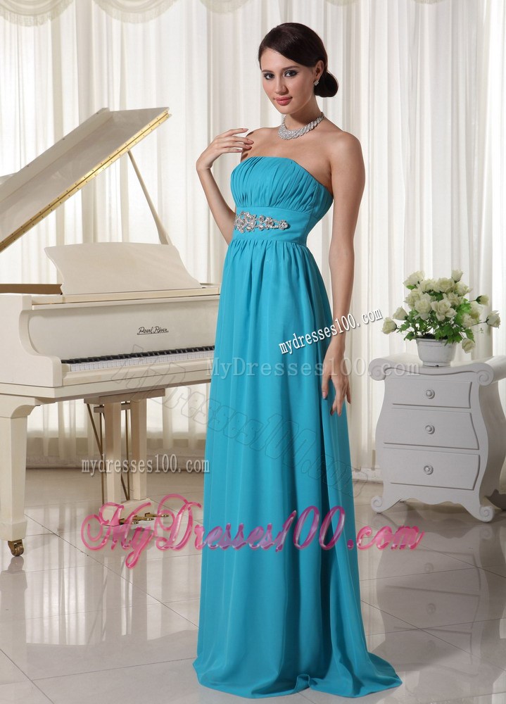 Beaded Decorate Waist Ruched Teal Prom Dress With Brush Train