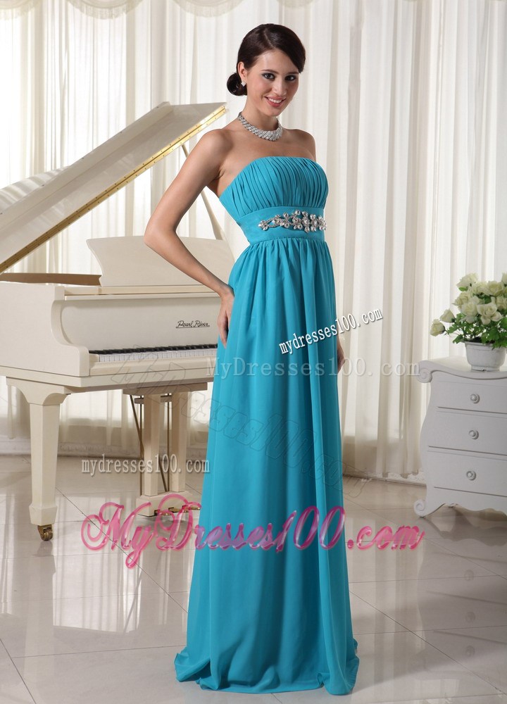 Beaded Decorate Waist Ruched Teal Prom Dress With Brush Train