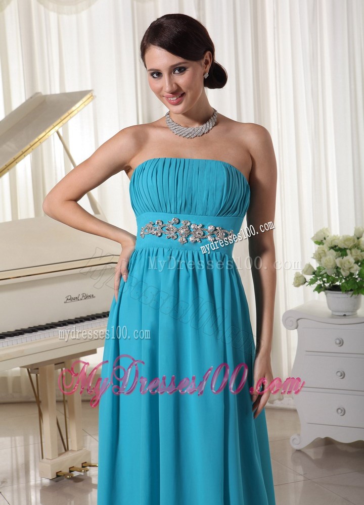 Beaded Decorate Waist Ruched Teal Prom Dress With Brush Train