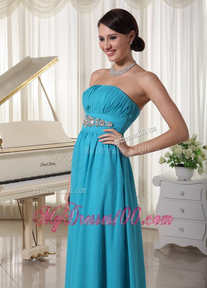 Beaded Decorate Waist Ruched Teal Prom Dress With Brush Train