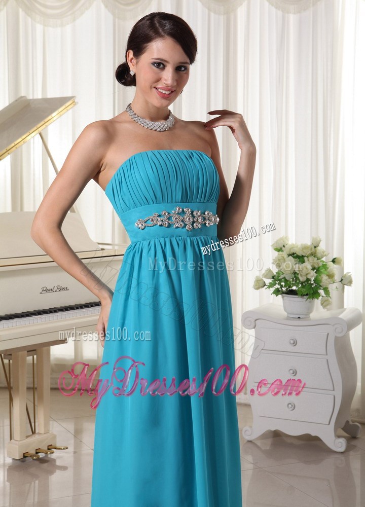 Beaded Decorate Waist Ruched Teal Prom Dress With Brush Train