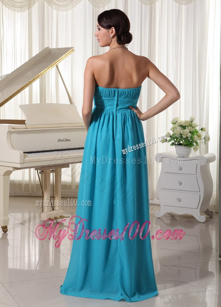 Beaded Decorate Waist Ruched Teal Prom Dress With Brush Train