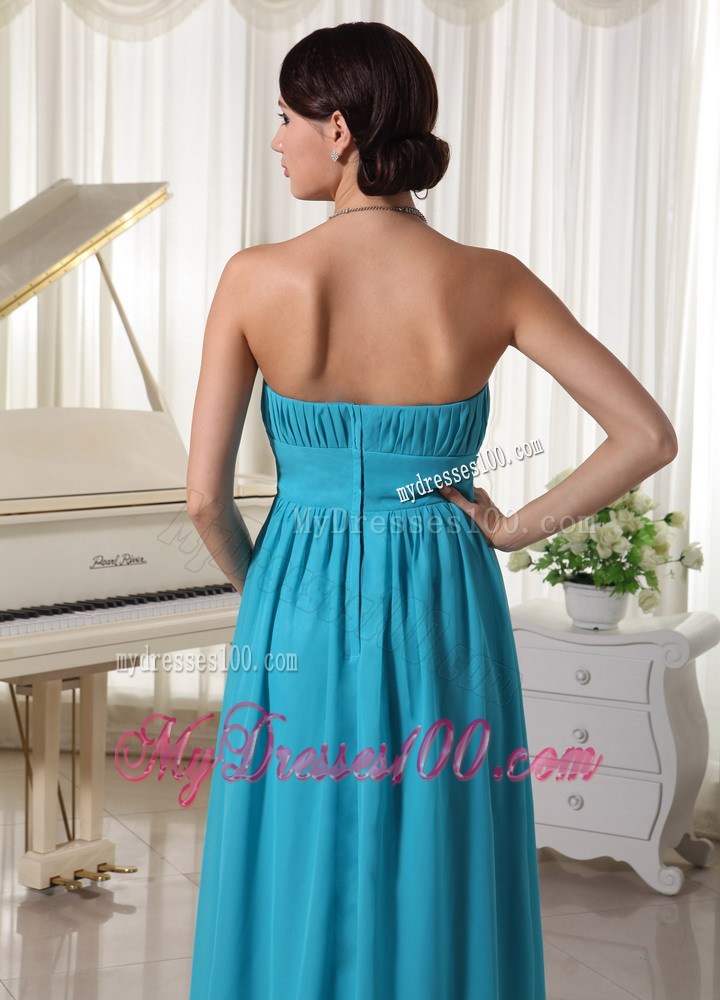 Beaded Decorate Waist Ruched Teal Prom Dress With Brush Train