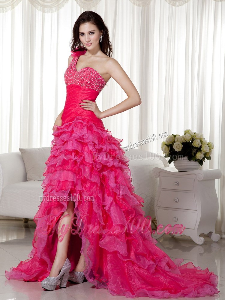 Hot Pink One Shoulder High-low Brush Train Beading Prom Dress