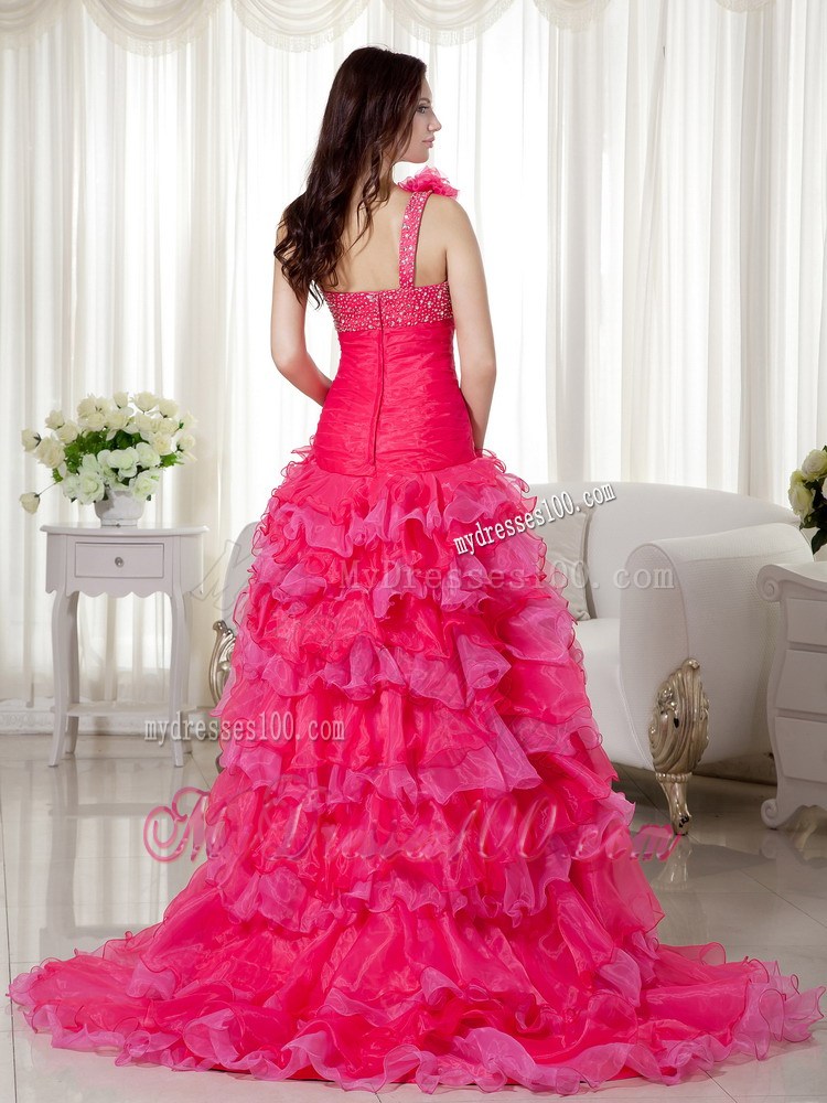 Hot Pink One Shoulder High-low Brush Train Beading Prom Dress