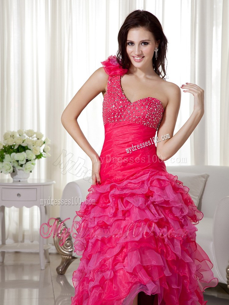 Hot Pink One Shoulder High-low Brush Train Beading Prom Dress