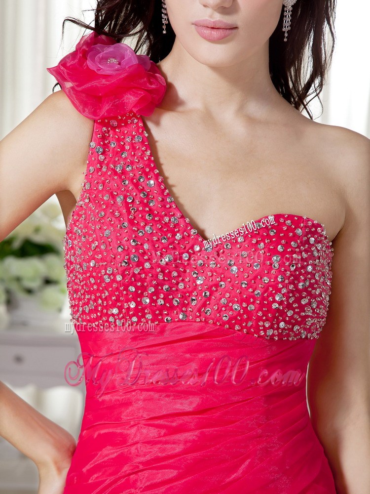 Hot Pink One Shoulder High-low Brush Train Beading Prom Dress