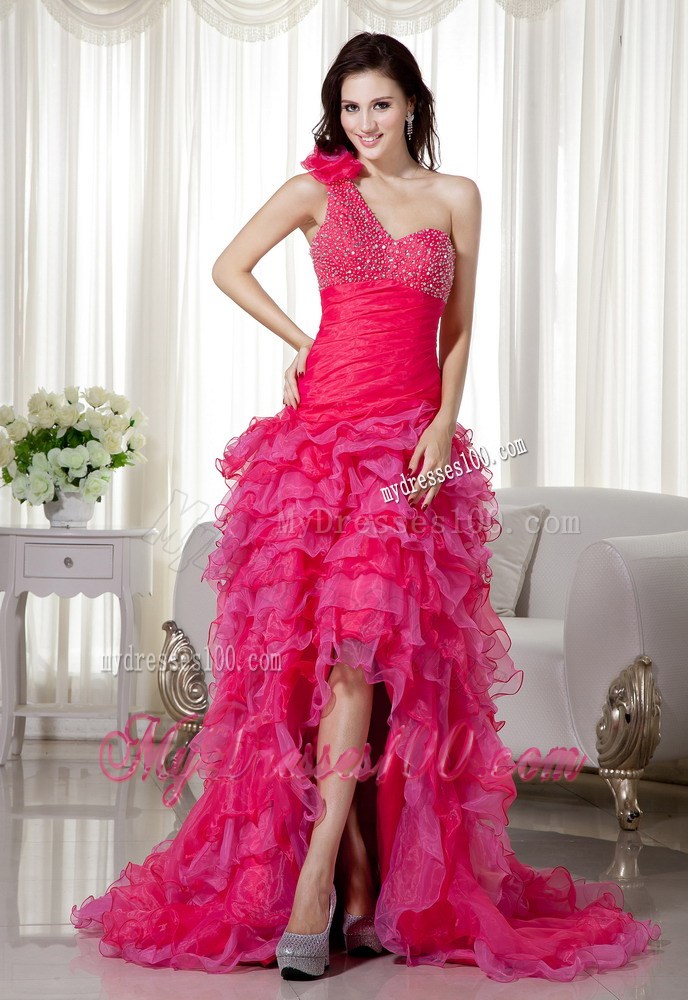 Hot Pink One Shoulder High-low Brush Train Beading Prom Dress