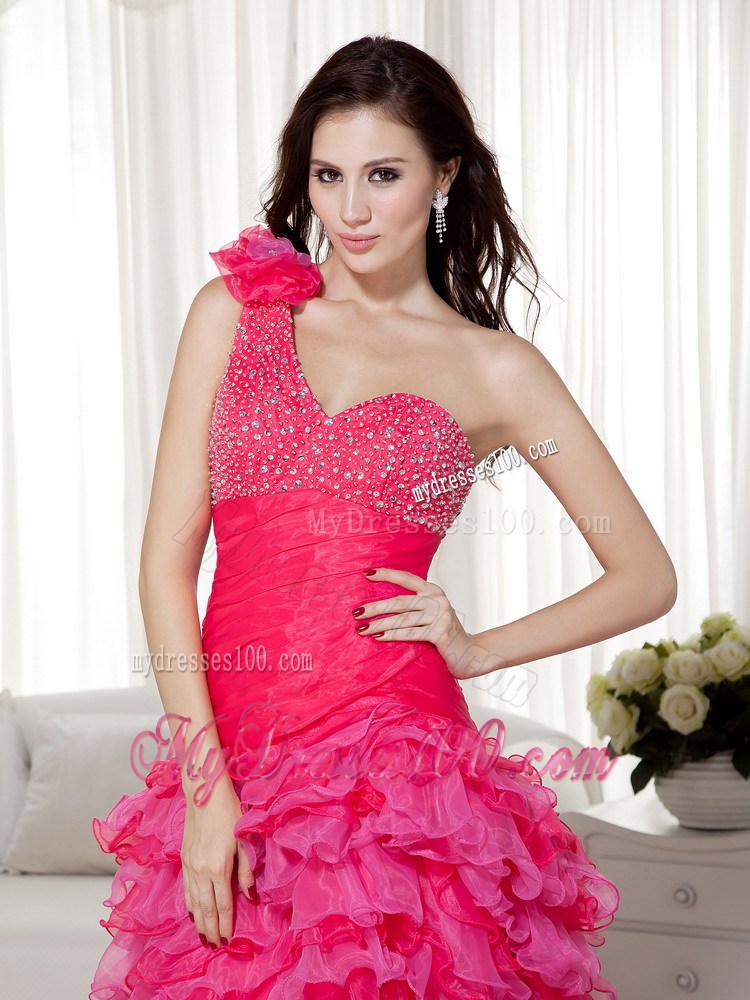 Hot Pink One Shoulder High-low Brush Train Beading Prom Dress