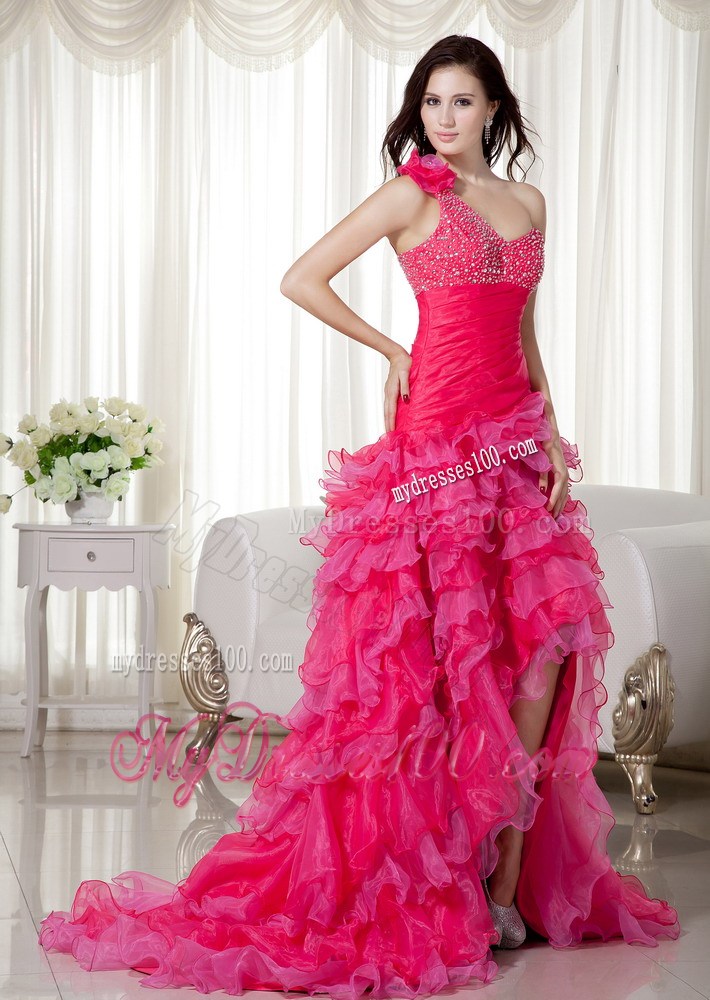 Hot Pink One Shoulder High-low Brush Train Beading Prom Dress
