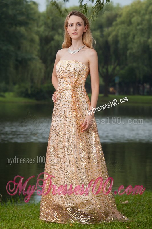 Perfect Gold Empire Strapless Sequins Prom Evening Dress