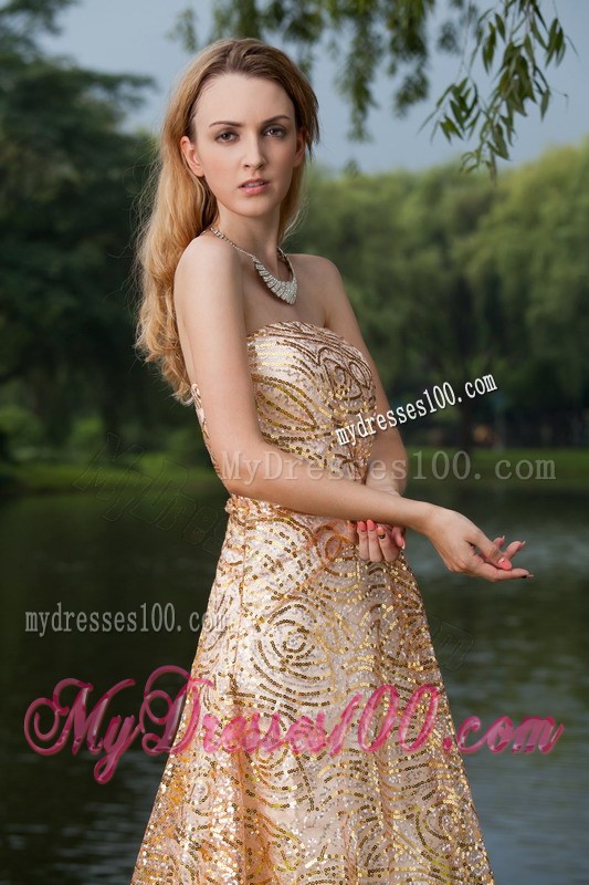 Perfect Gold Empire Strapless Sequins Prom Evening Dress