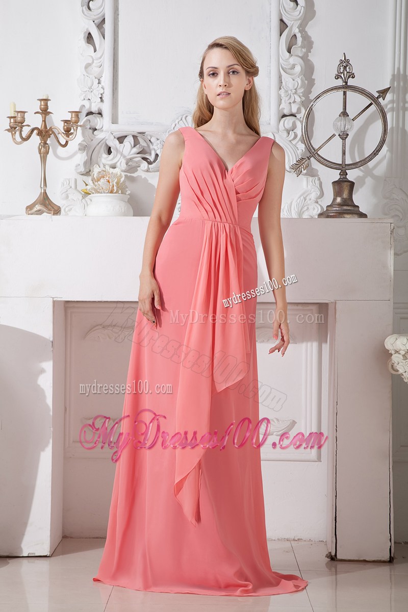 Watermelon Red Empire V-neck Brush Train Ruche Prom Dress