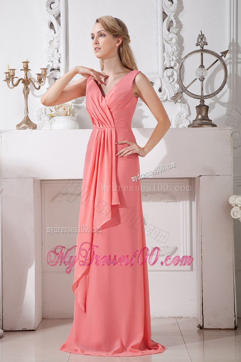 Watermelon Red Empire V-neck Brush Train Ruche Prom Dress