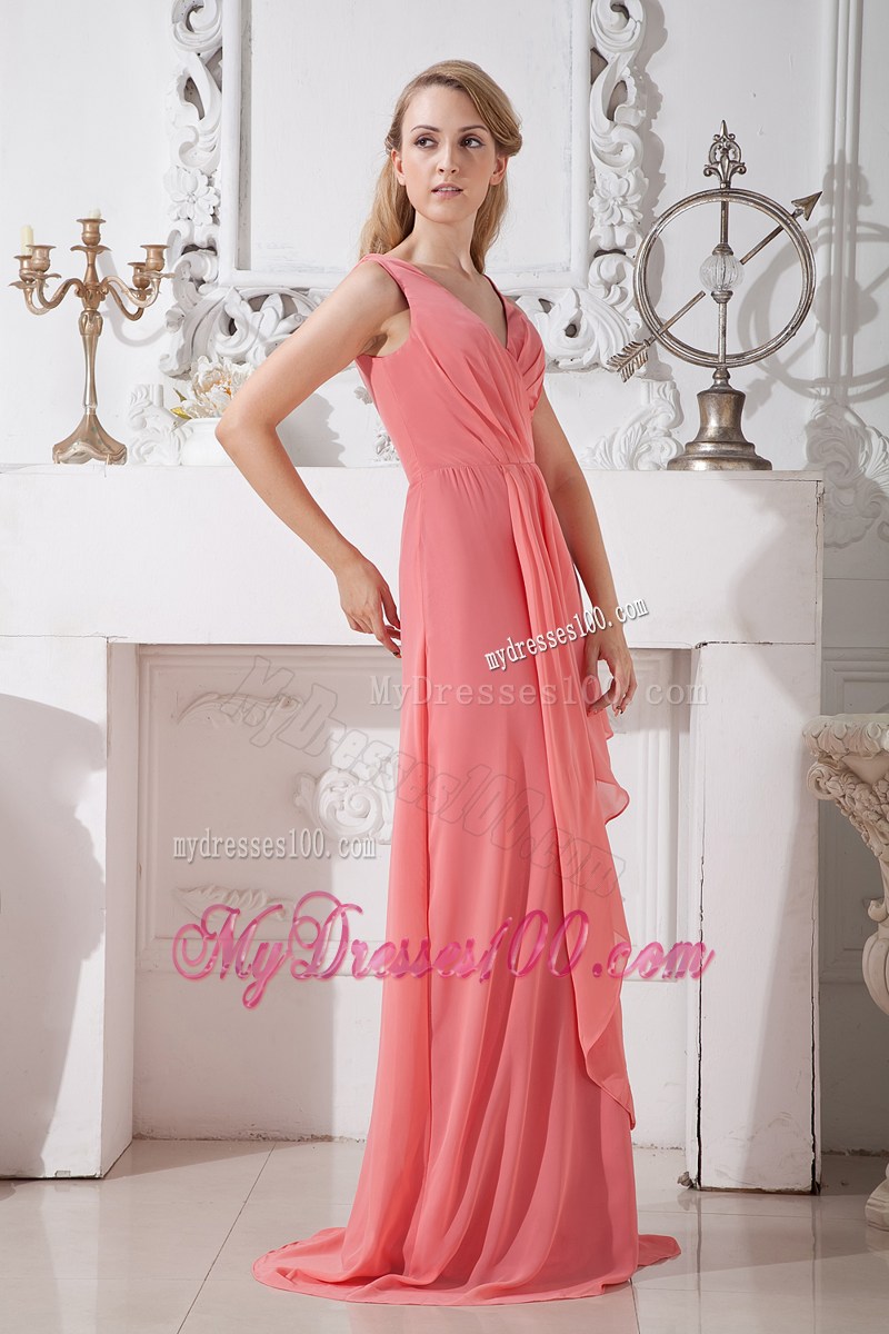 Watermelon Red Empire V-neck Brush Train Ruche Prom Dress