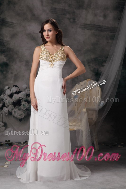 Modest Column V-neck Prom Dress with Beading Brush Train