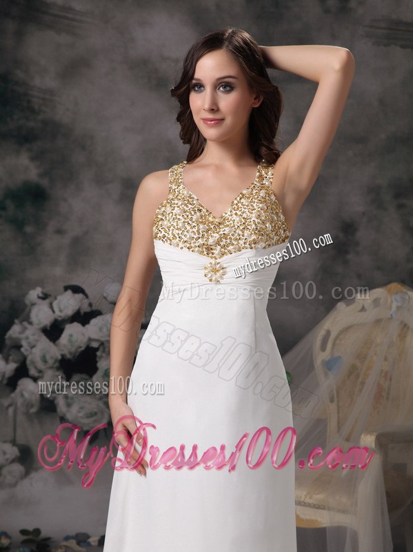 Modest Column V-neck Prom Dress with Beading Brush Train