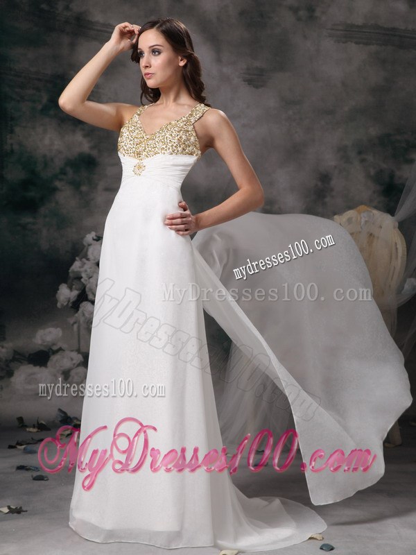 Modest Column V-neck Prom Dress with Beading Brush Train