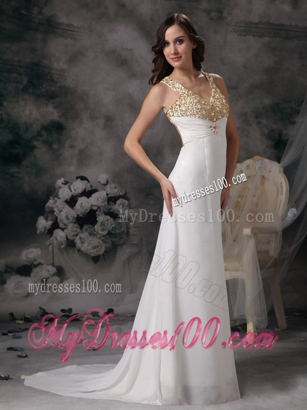 Modest Column V-neck Prom Dress with Beading Brush Train