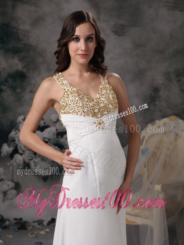 Modest Column V-neck Prom Dress with Beading Brush Train