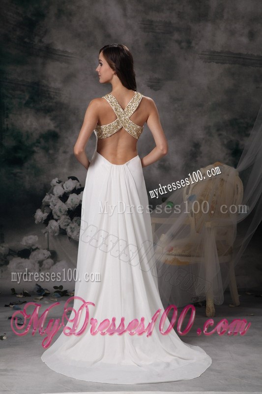 Modest Column V-neck Prom Dress with Beading Brush Train
