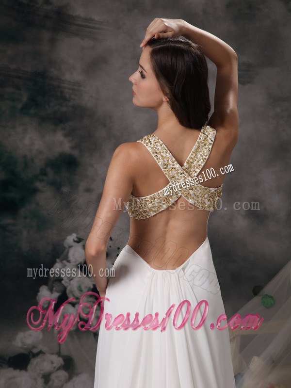 Modest Column V-neck Prom Dress with Beading Brush Train