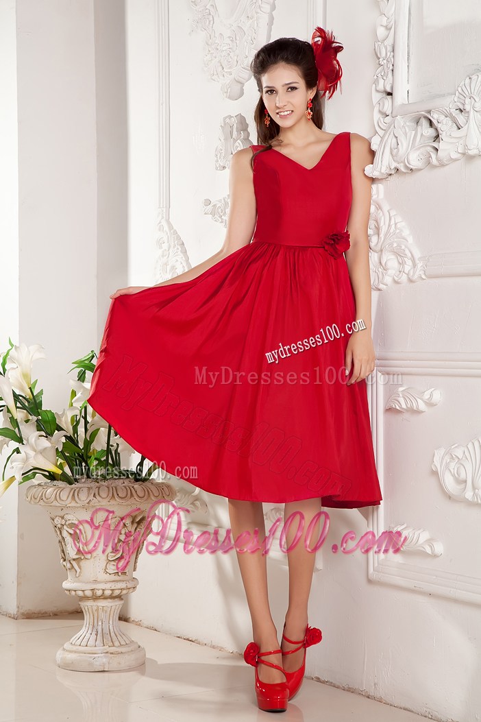 V-neck Red Knee-length Hand Made Flowers Prom Dress Under 100